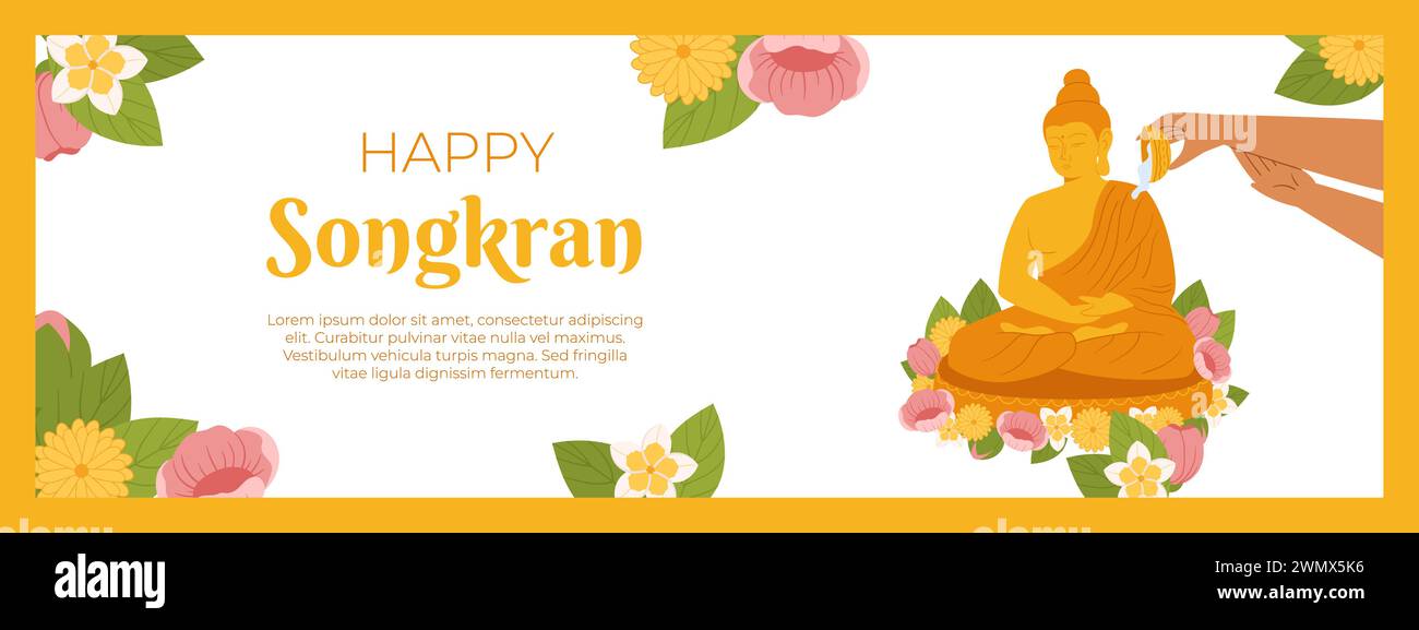 Songkran Festival, traditionelle Dusche die Mönchsskulptur, Thailand Neujahr. Buddha-Statue mit Wasser von Hand. Horizontale Vektor-Bannervorlage in flachem Stil zum Feiern. Stock Vektor