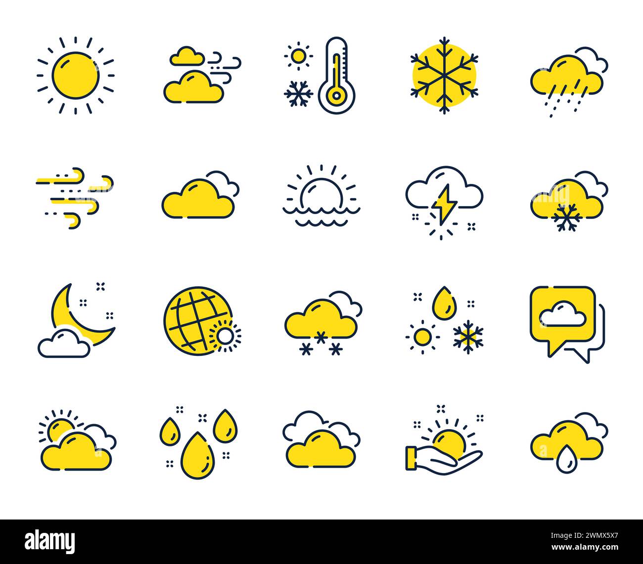 Symbole für Wetter und Prognoselinie. Bewölkter Himmel, Schneeflocke im Winter und Thermometer. Vektor Stock Vektor