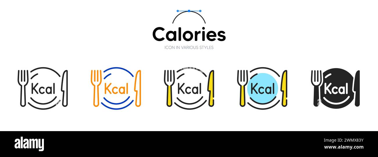 Kaloriensymbol in verschiedenen Stilen. Zweifarbige Kontur. Kcal Diät-Symbol für Web. Vektor Stock Vektor
