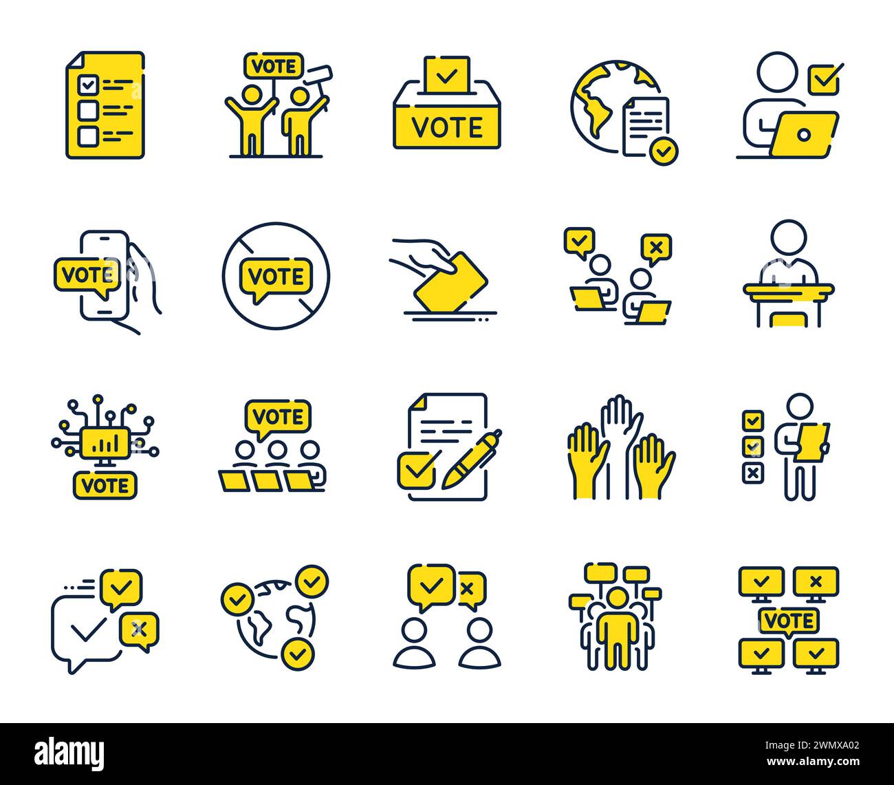 Symbole für Abstimmungslinien. Öffentliche Wahlen, Abstimmungsbox, Stimmzettel-Symbole. Kandidat, politische Abstimmung. Vektor Stock Vektor