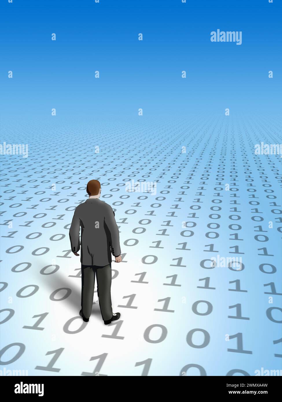 Geschäftsmann findet seinen Weg im Cyberspace. Digitale Illustration. Stockfoto