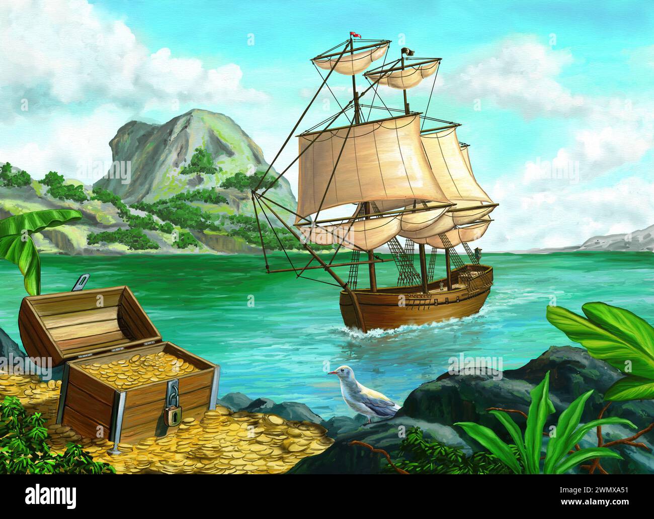 Piratenschatz auf einer tropischen Insel. Digitale Originalmalerei. Stockfoto
