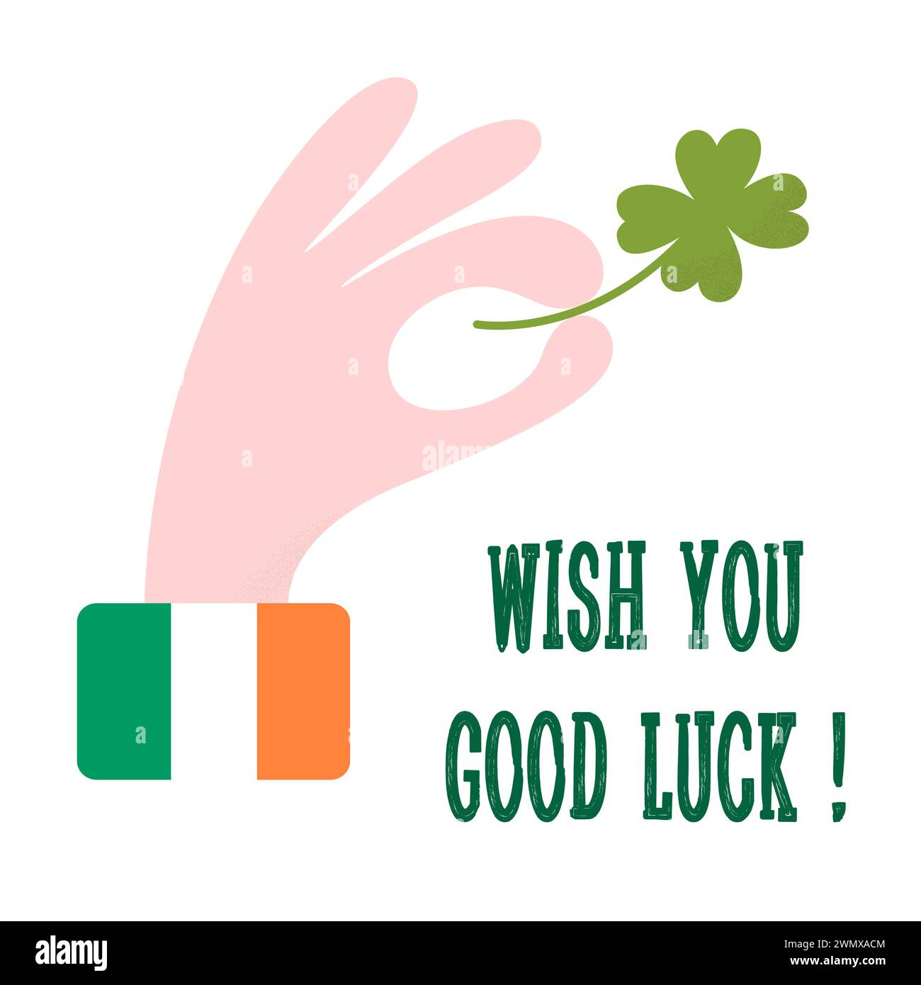 St. Patrick's Day. Shamrock mit vier Blättern in der Hand, Farben der irischen Flagge auf dem Hemdärmel. Glückwunsch-Grußkarte, Poster Stock Vektor