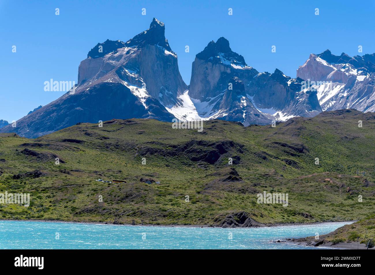Lago Sarmiento, Nationalpark Torres del Paine, Parque Nacional Torres del Paine, Cordillera del Paine, Türme des blauen Himmels, Region de Magallanes Stockfoto