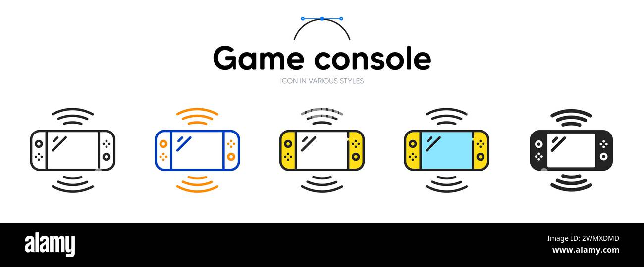 Zeilensymbol der Videospielkonsole in verschiedenen Stilen. Zweifarbige Kontur. Tragbares Joypad-Symbol für Web. Vektor Stock Vektor