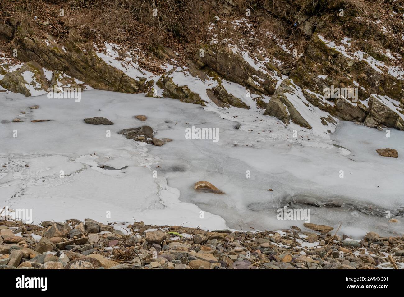 Winterszene mit Wasser im Fluss mit felsiger Küste gefroren Stockfoto