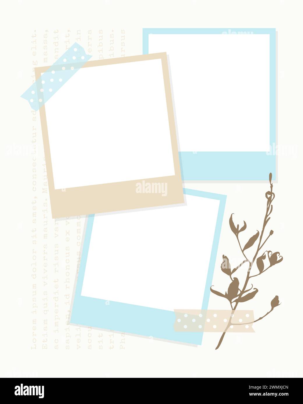 Der Hintergrund des Sammelbuches verfügt über leere Rahmen, die für persönliche Fotos bereit sind, mit einer zarten Blumenabbildung und einem dezenten Punktband, Sugges, akzentuiert Stock Vektor