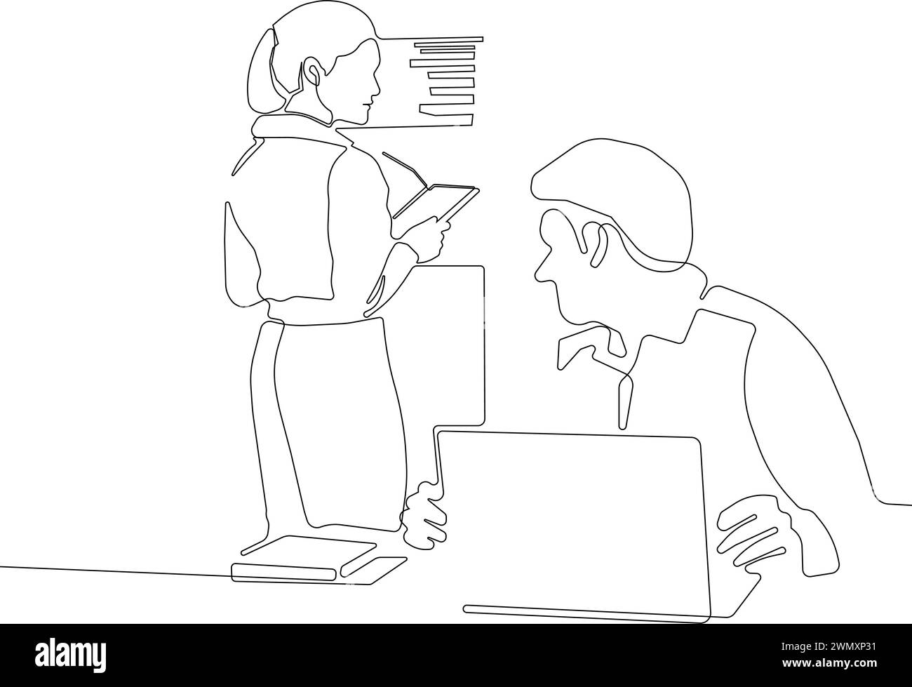 Durchgehende Linienzeichnung eines Büroarbeiters schöne angenehme junge Frau, die in der Nähe des Regals steht und ein Buch hält und Mann an einem Laptop arbeitet Stock Vektor