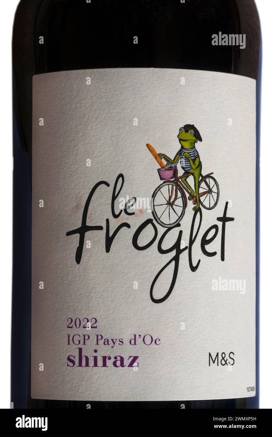 Etikett auf der Froglet-Flasche Shiraz-Rotweinerzeugnis französischer Herkunft Stockfoto