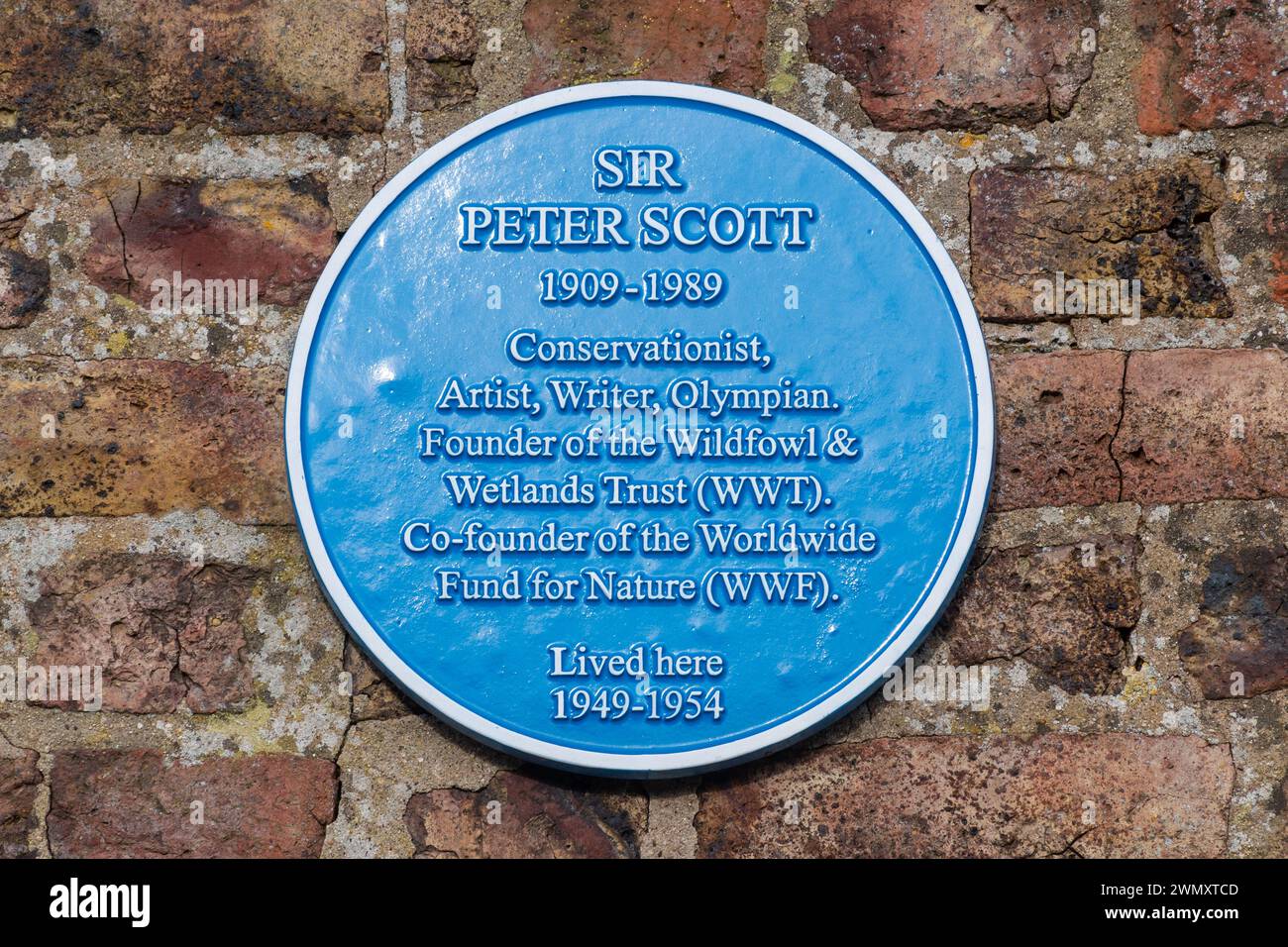Die blaue Plakette Sir Peter Scott lebte hier in einem Cottage im WWT Slimbridge Wetland Centre, Gloucestershire, England, Großbritannien Stockfoto