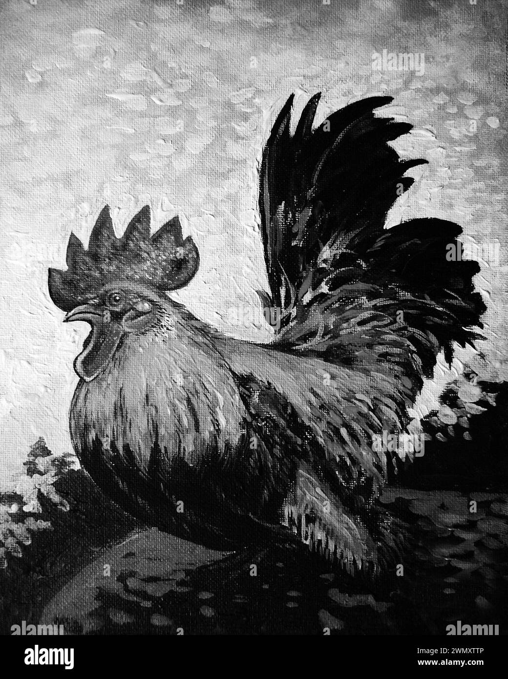 Schwarz-weiß-Kunstgemälde mit Ölfarbe Huhn und Huhn Stockfoto