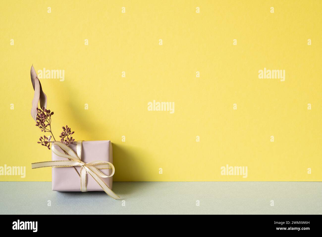 Lila Geschenkbox mit trockener Blume auf grauem Tisch. Gelber Wandhintergrund Stockfoto