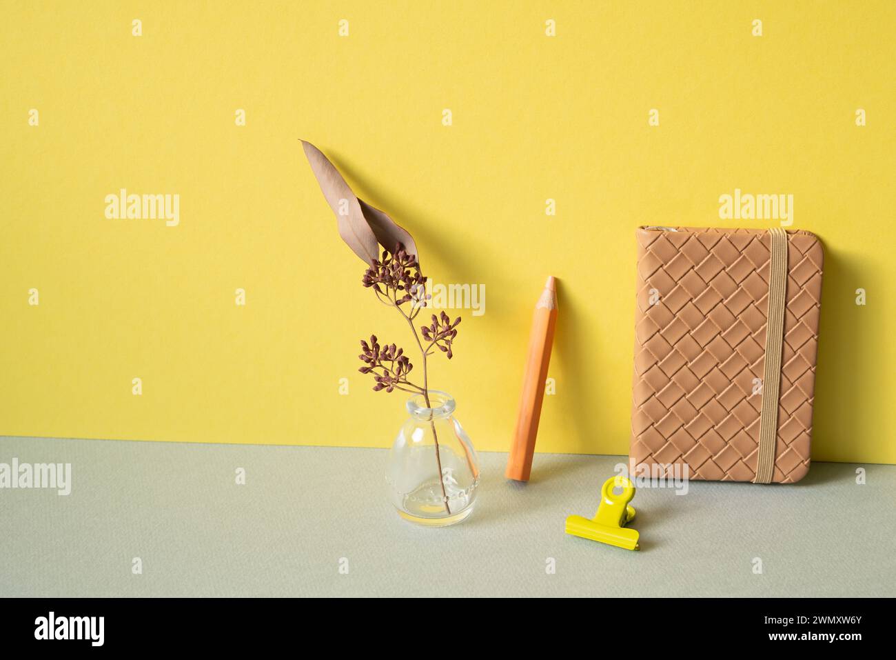 Tagebuch-Notizbuch, Buntstift, Clip, Vase mit trockener Blume auf grauem Schreibtisch. Gelber Wandhintergrund. Arbeitsbereich Stockfoto