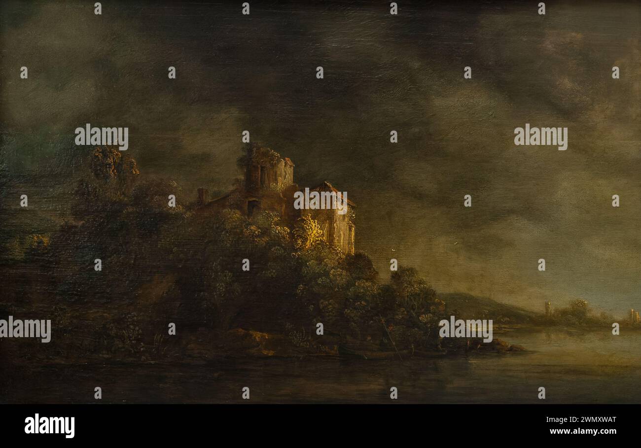 Chateau Dominant une rivière - Rembrandt Harmenszoon van Rijn - 1640 / 1650 Stockfoto