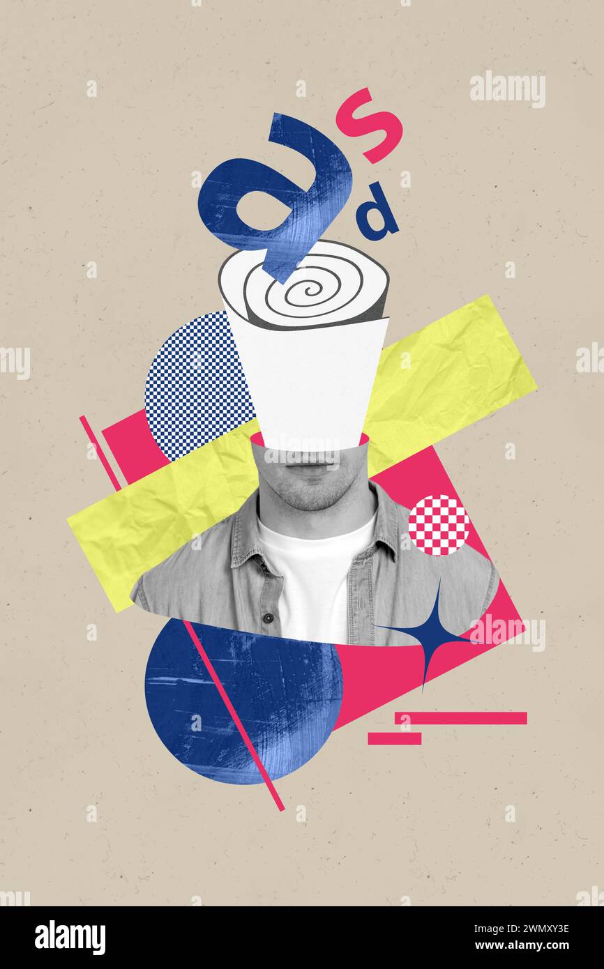 Vertikales kreatives Collage Poster junger Mann Halb Gesicht Körper Fragment Alphabet Buchstaben Spirale Geist bizarr Konzept Zeichnung Hintergrund Stockfoto