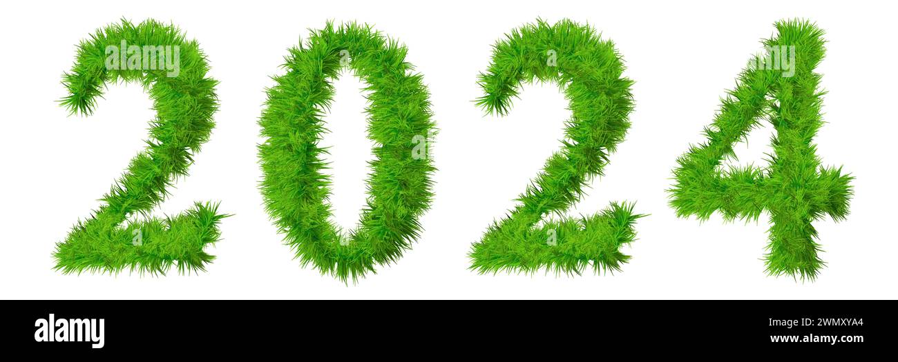 Konzept Konzept 2024 Jahre aus grünem Sommer Rasen Grassymbol isoliert auf weißem Hintergrund. 3D-Illustration als Metapher für die Zukunft, die Natur Stockfoto