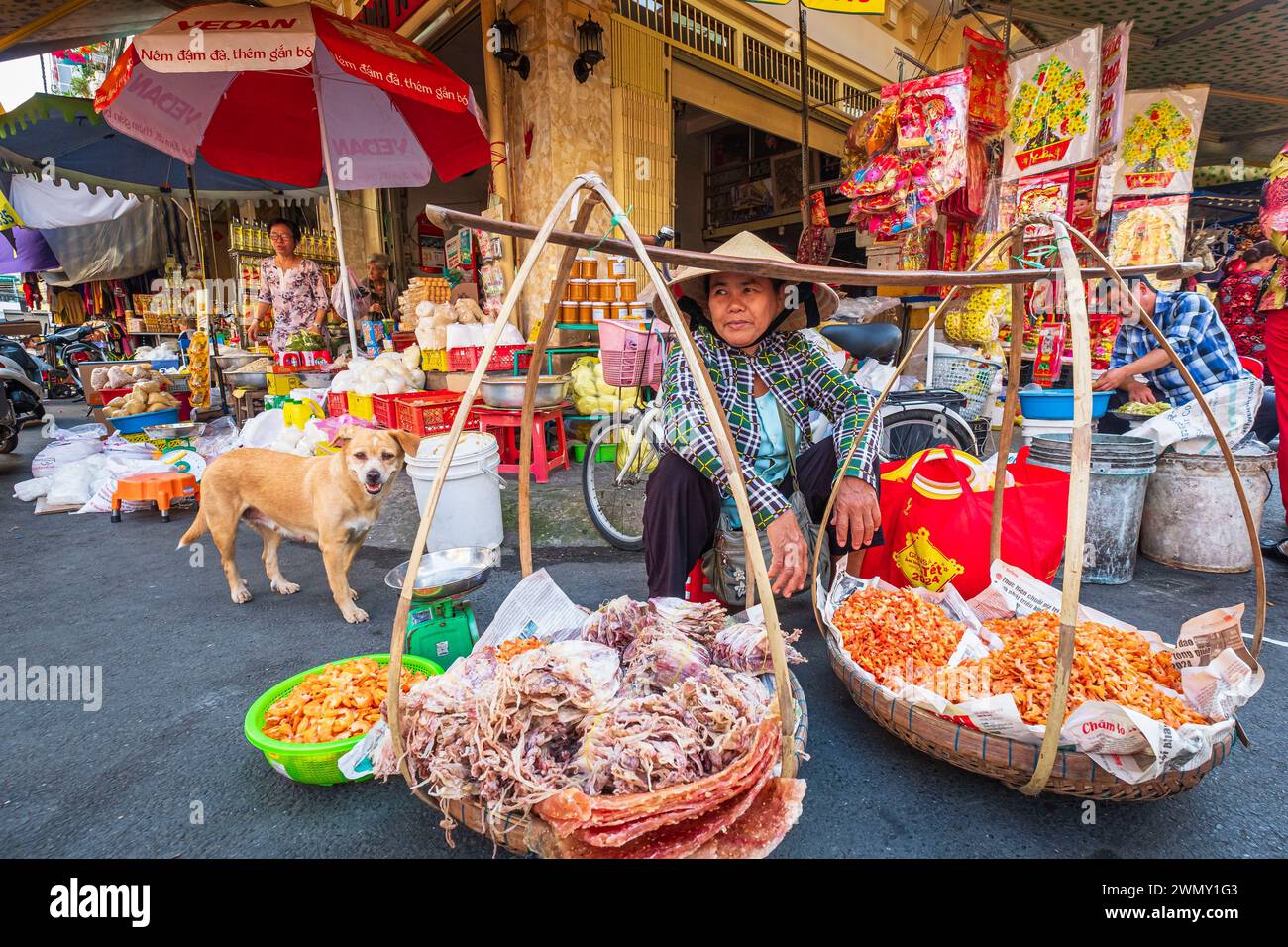 Vietnam, Mekong Delta, eine Provinz von Giang, Chau Doc, Straßenverkäufer für getrocknete Fische und Garnelen Stockfoto