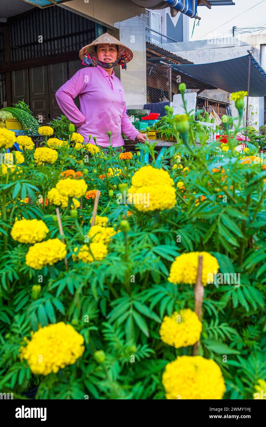 Vietnam, Mekong Delta, eine Provinz von Giang, Umgebung von Chau Doc, Chau Phong, Verkauf von Blumen Stockfoto