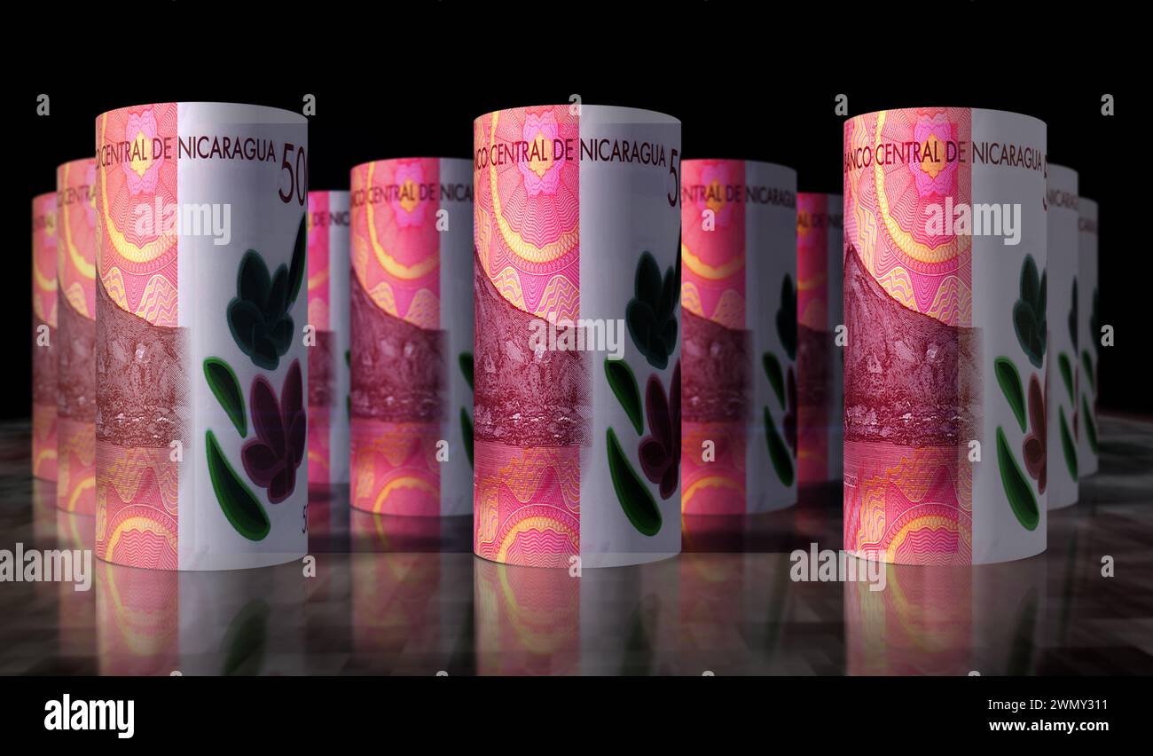 Nicaraguanisches Geld nicaraguanisches cordobas-Geld gerollte 3D-Illustration. 500 NIO-Banknotenrollen. Konzept von Finanzen, Bargeld, Wirtschaftskrise, Geschäftserfolg, Stockfoto
