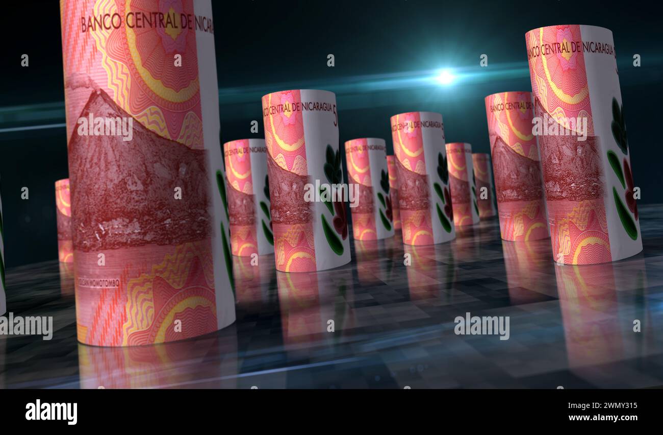 Nicaraguanisches Geld nicaraguanisches cordobas-Geld gerollte 3D-Illustration. 500 NIO-Banknotenrollen. Konzept von Finanzen, Bargeld, Wirtschaftskrise, Geschäftserfolg, Stockfoto