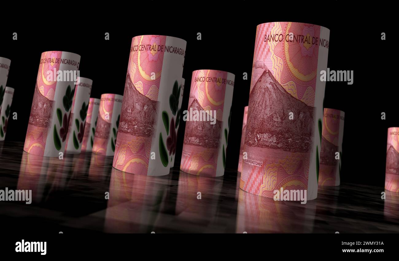 Nicaraguanisches Geld nicaraguanisches cordobas-Geld gerollte 3D-Illustration. 500 NIO-Banknotenrollen. Konzept von Finanzen, Bargeld, Wirtschaftskrise, Geschäftserfolg, Stockfoto