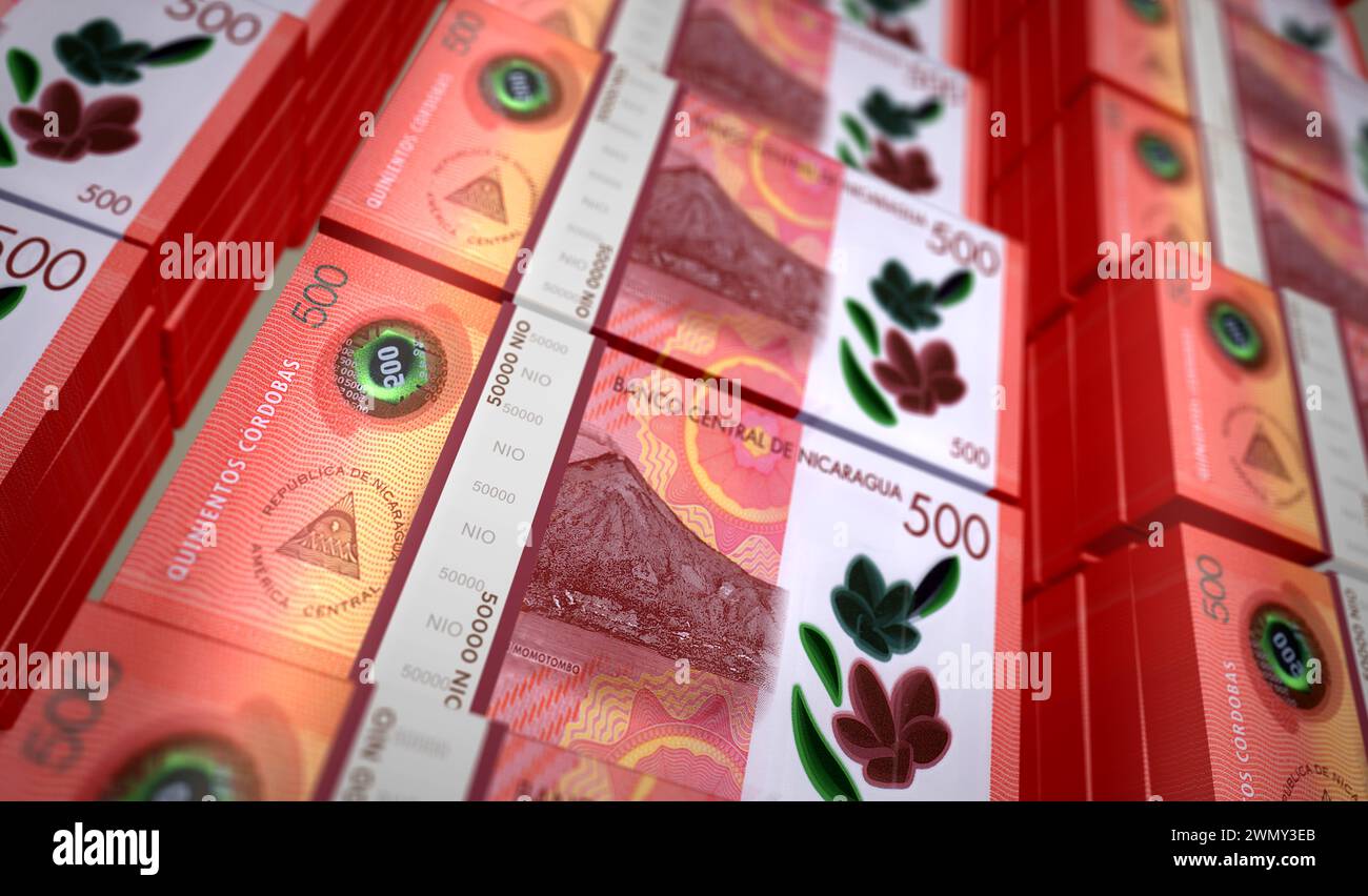 Nicaragua Geld Nicaraguan cordobas Geldpaket 3D Illustration. 500 NIO-Banknotenbündel. Konzept der Finanzierung, Bargeld, Wirtschaftskrise, Geschäftsentwicklung Stockfoto