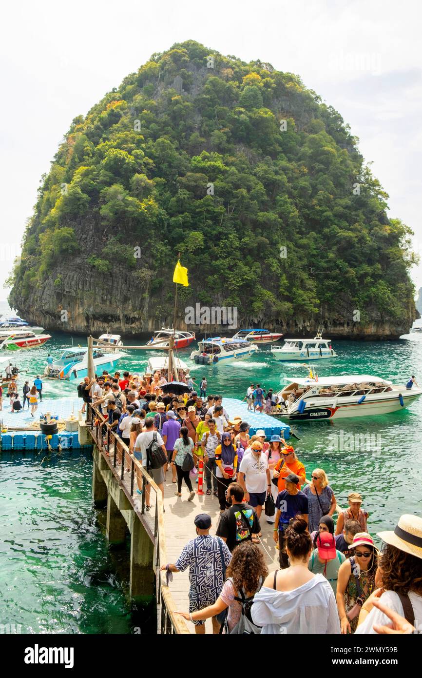 Thailand, Provinz Krabi, Insel Koh Phi Phi Leh, Schlange von Touristen, um zur Maya Bucht zu gehen Stockfoto