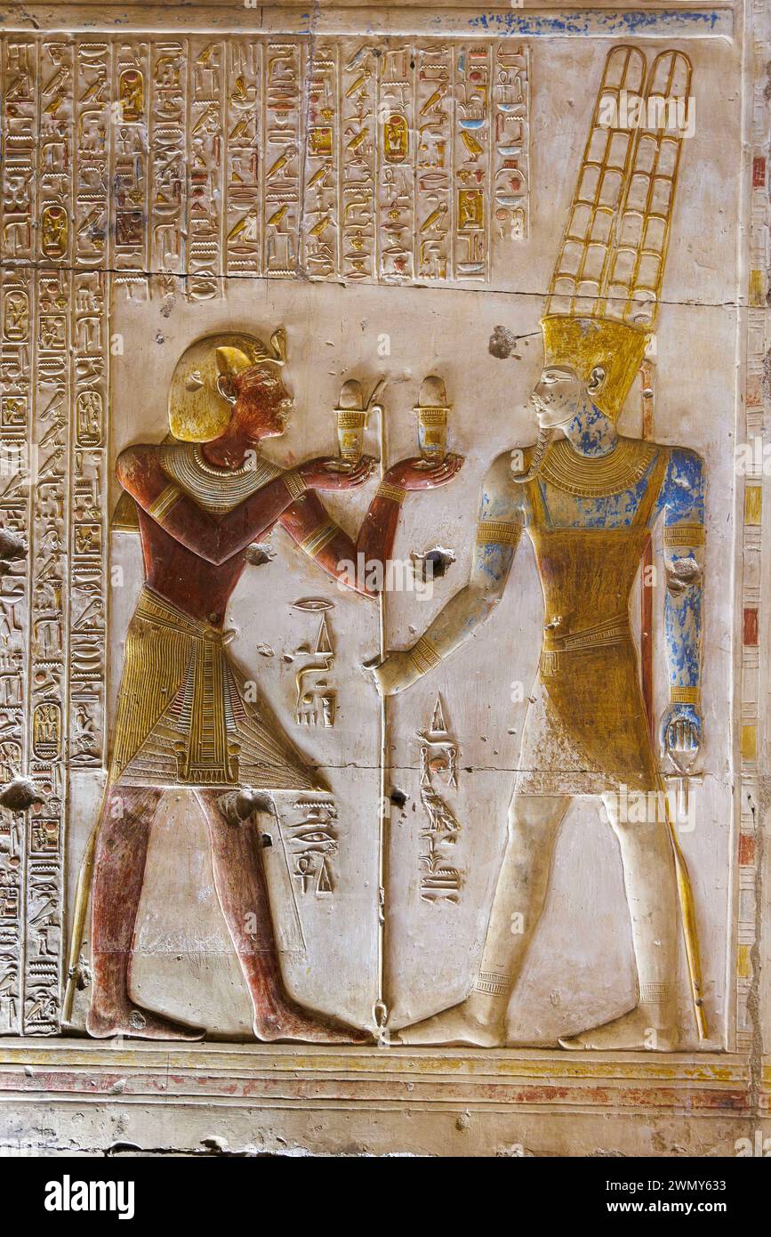 Ägypten, Sohag, Abydos, Abydos Pilgerstadt der Pharaonen, die von der UNESCO zum Weltkulturerbe erklärt wurde, Tempel von Seti I., niedriges Relief Stockfoto