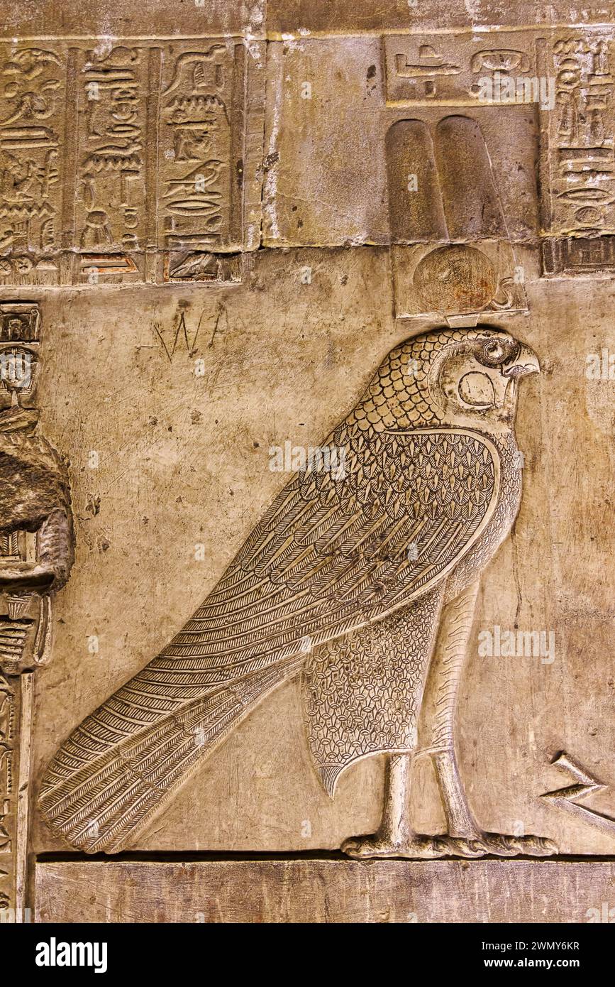Ägypten, Qena, Dendera, pharaonische Tempel in Oberägypten aus ptolemäischer und römischer Zeit, von der UNESCO zum Weltkulturerbe erklärt, Hathor-Tempel, niedriges Relief der Krypta Stockfoto