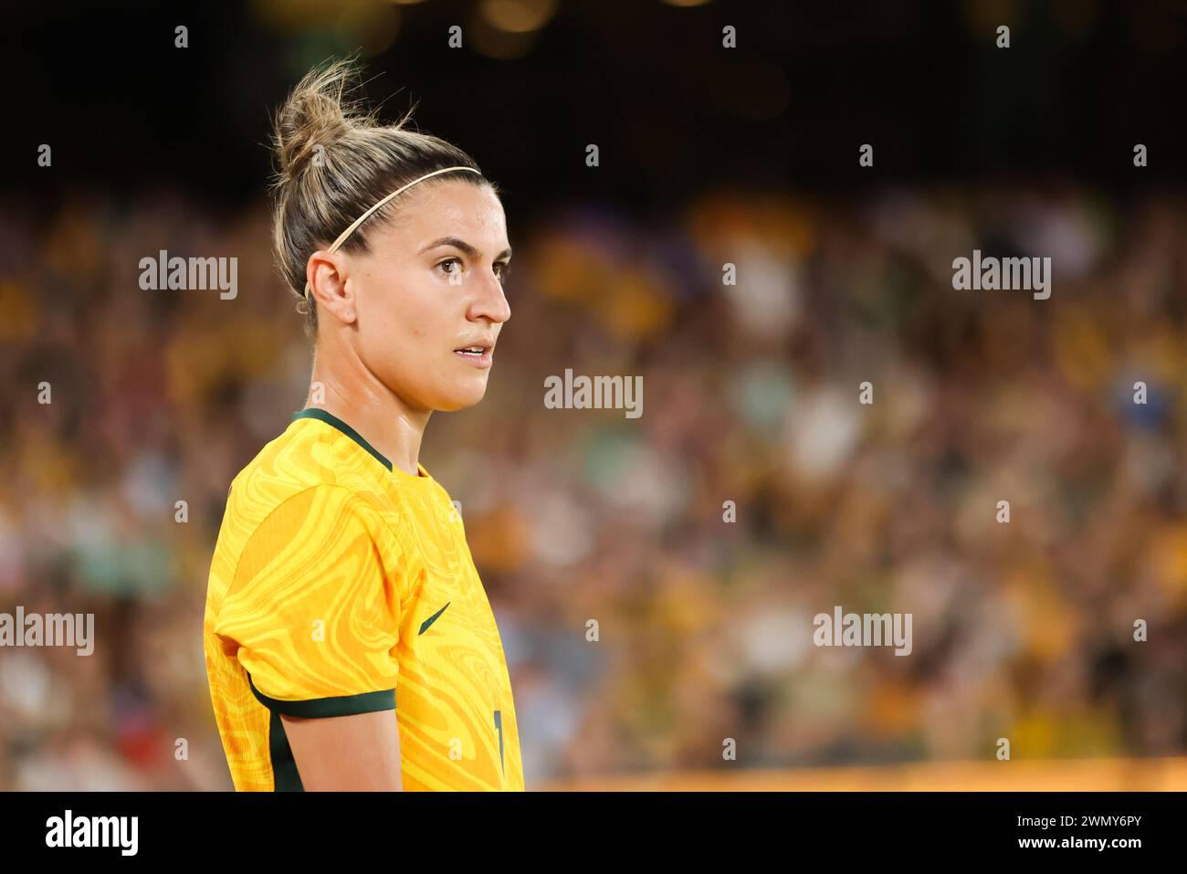 Melbourne, Victoria, Australien. Februar 2024. MELBOURNE, AUSTRALIEN - 28. FEBRUAR: Steph Catley aus Australien beim AFC Olympischen Frauenfußball-Turnier Paris 2024 Asiatische Qualifikationsrunde Runde 3 zwischen Australien Matildas und Usbekistan im Marvel Stadium am 28. Februar 2024 in Melbourne, Australien. (Kreditbild: © Chris Putnam/ZUMA Press Wire) NUR REDAKTIONELLE VERWENDUNG! Nicht für kommerzielle ZWECKE! Stockfoto