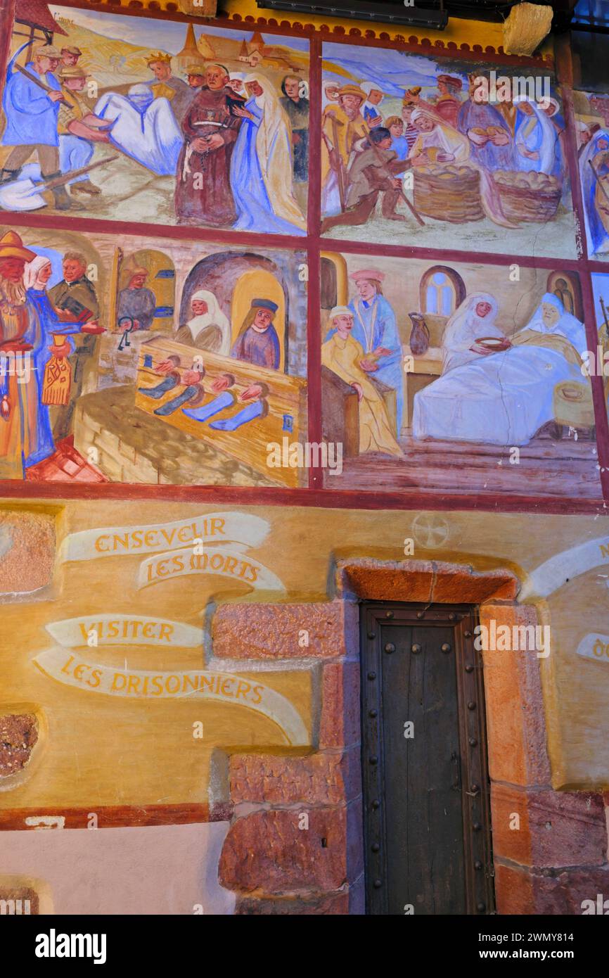 Frankreich, Haut Rhin, Kientzheim, Kirche Notre Dame des Douleurs, restauriertes Fresko der Tanz von Macabre Stockfoto