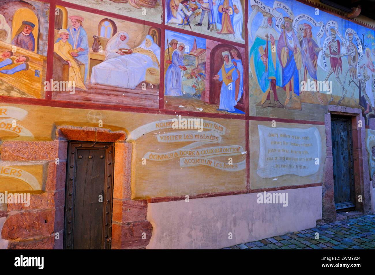 Frankreich, Haut Rhin, Kientzheim, Kirche Notre Dame des Douleurs, restauriertes Fresko der Tanz von Macabre Stockfoto