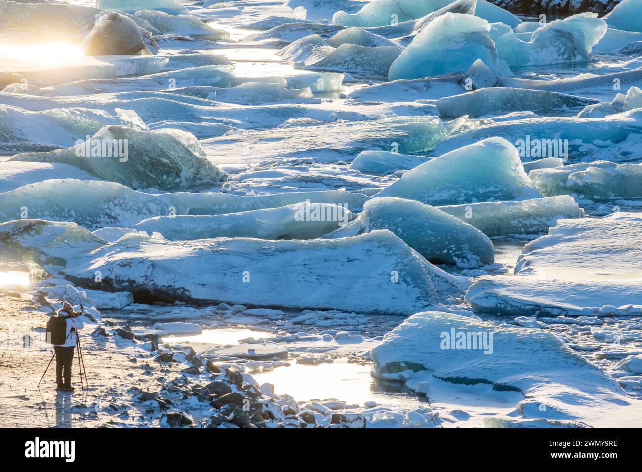 Island, Südküste, Vatnajokull Nationalpark, Skaftafell, Gletscher und Gletschersee von Jökulsárlón, Fotografen Stockfoto