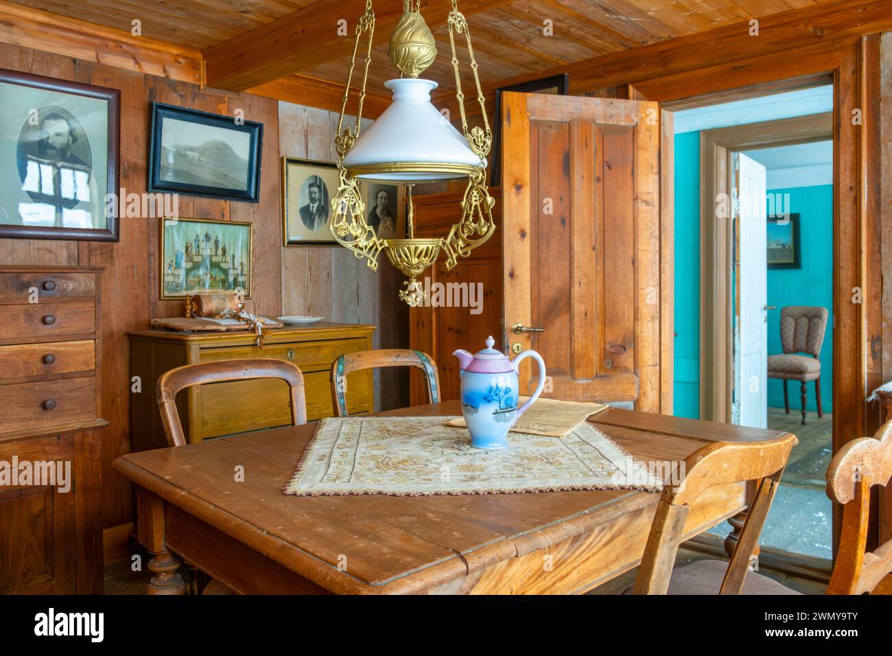 Island, Südküste, Region Sudurland, Skogar, Skogar Museum, Innenraum traditioneller Häuser aus dem frühen 19. Jahrhundert Stockfoto