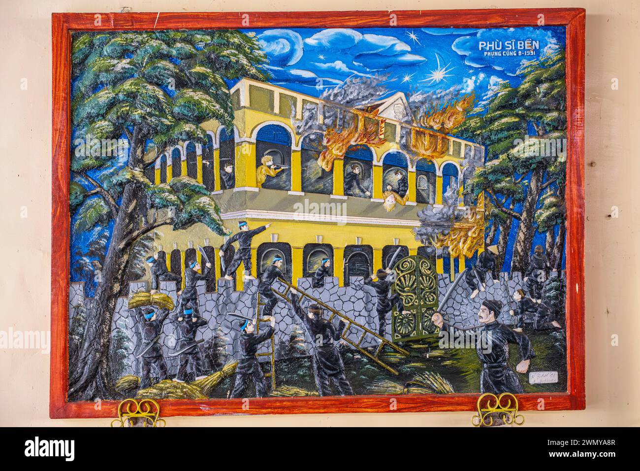Vietnam, Mekong Delta, Provinz Kien Giang, Rach Gia, Nguyen Trung Truc Tempel gewidmet Nguyen Trung Truc, einem Anführer der 1860er-Jahre-Kampagne gegen die neu angekommenen Franzosen, ein Gemälde, das die Schlacht um die Zerstörung von Rach Gias Festung am 16. Juni 1868 illustriert Stockfoto