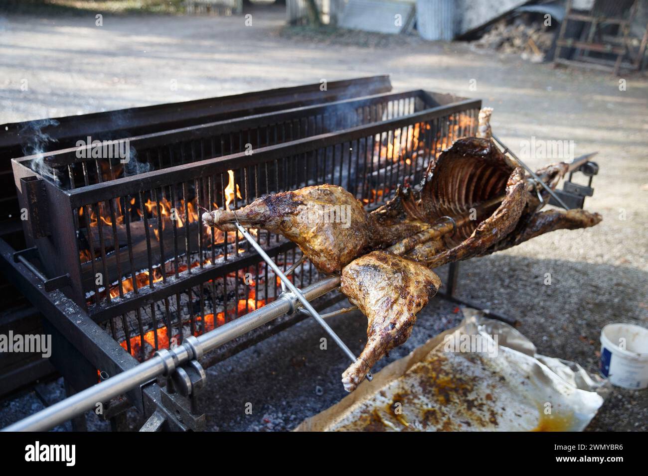 Frankreich Elsass Forêt du Rhin, Großwildjagd, Zusammenkunft von Großwildjägern, Zubereitung von Wildschweinen auf einer über einem Holzfeuer gekochten Spieße für das Nachjagdgericht Stockfoto