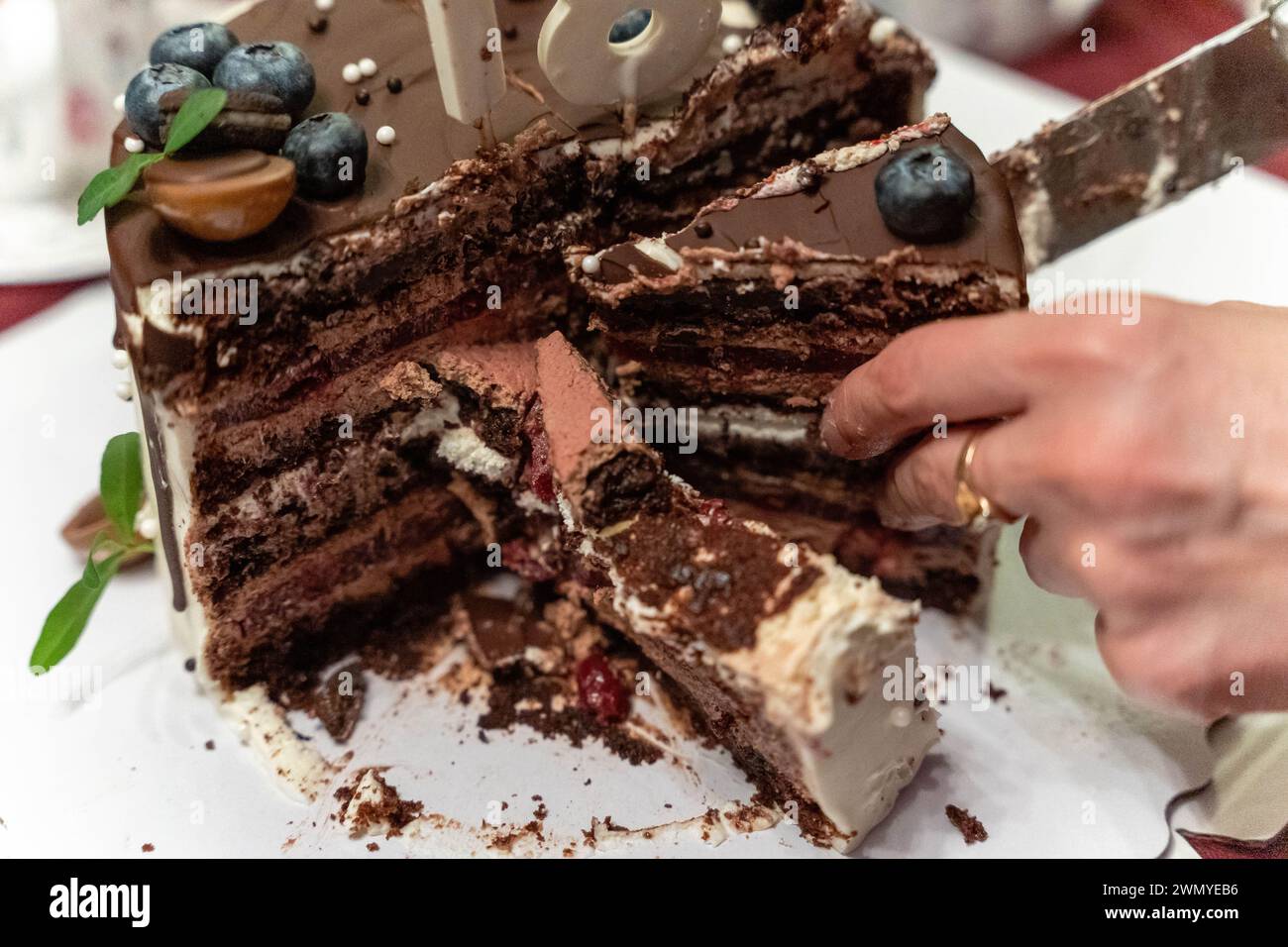 Genießen Sie die Schönheit eines dekadenten Schokoladenkuchens mit lebendigen und frischen Beeren und einer Auswahl an Nüssen. Dieses köstliche Vergnügen ist ideal für Stockfoto