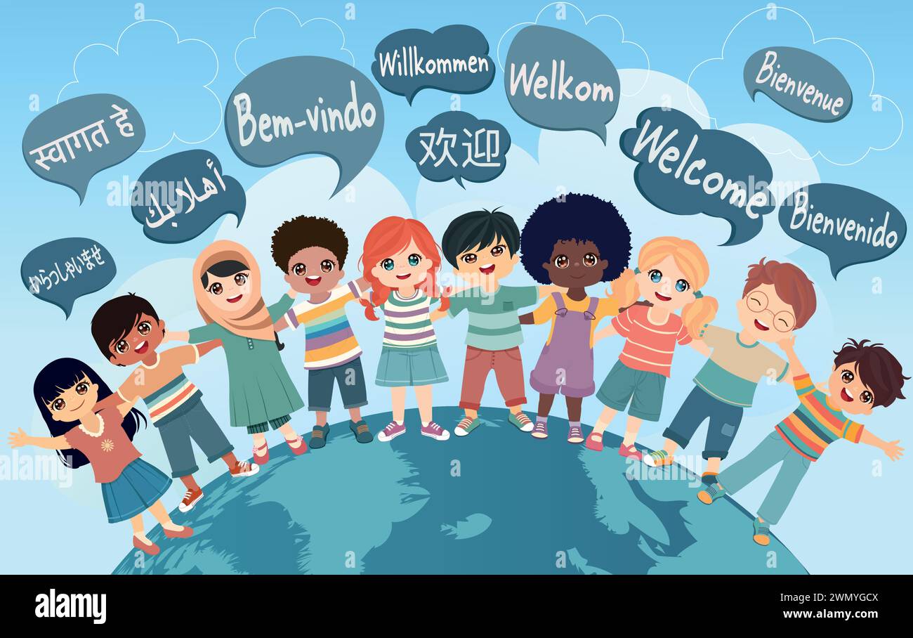 Multikulturelle Kinder, die aus verschiedenen Nationen und Kontinenten kommen. Sprechblasen mit Text -Willkommen- in verschiedenen internationalen Sprachen Stock Vektor
