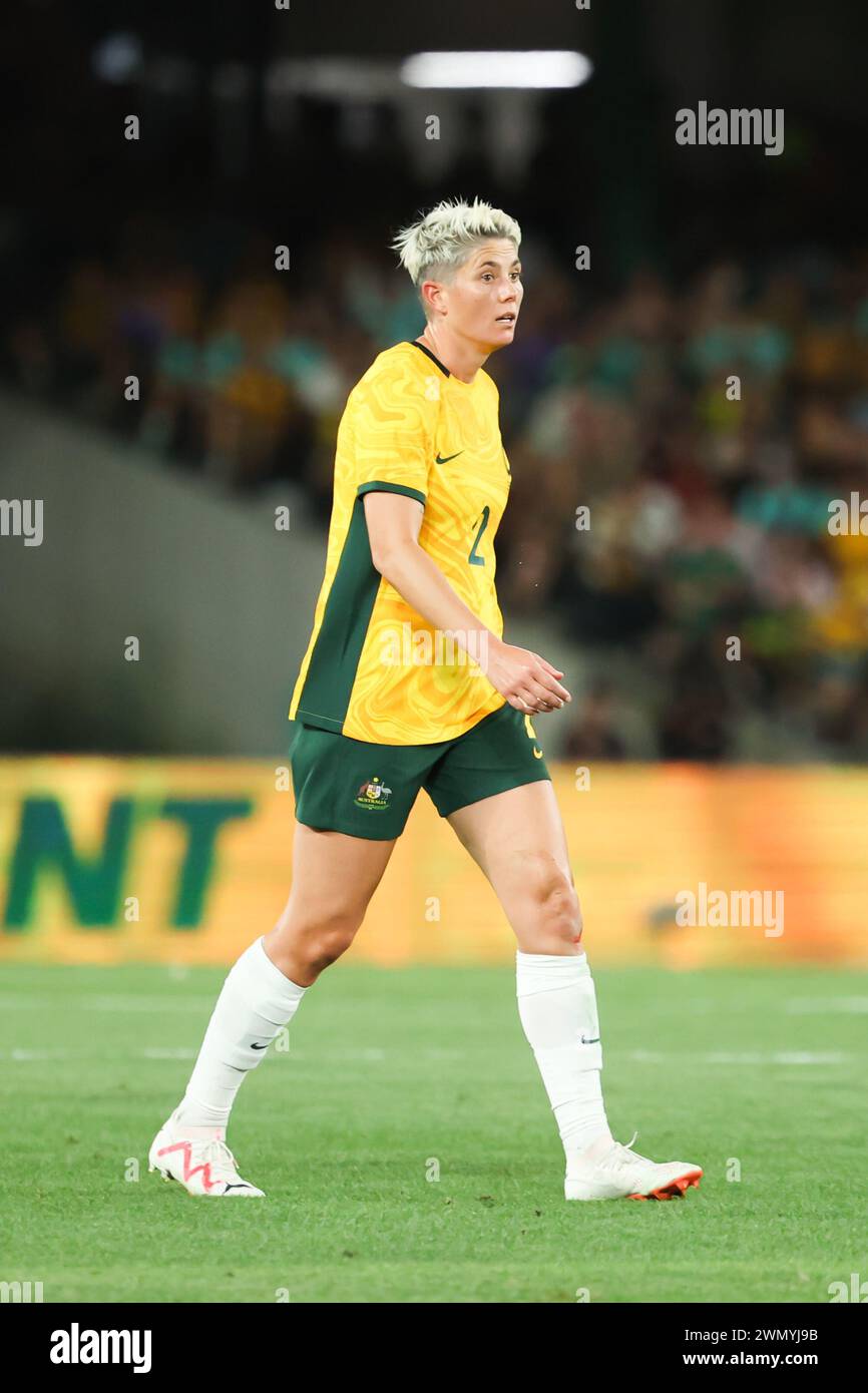 Melbourne, Victoria, Australien. Februar 2024. MELBOURNE, AUSTRALIEN - 28. FEBRUAR: Michelle Heyman aus Australien beim AFC Olympischen Frauenfußballturnier Paris 2024 Asiatische Qualifikationsrunde Runde 3 zwischen Australien Matildas und Usbekistan im Marvel Stadium am 28. Februar 2024 in Melbourne, Australien. (Kreditbild: © Chris Putnam/ZUMA Press Wire) NUR REDAKTIONELLE VERWENDUNG! Nicht für kommerzielle ZWECKE! Stockfoto