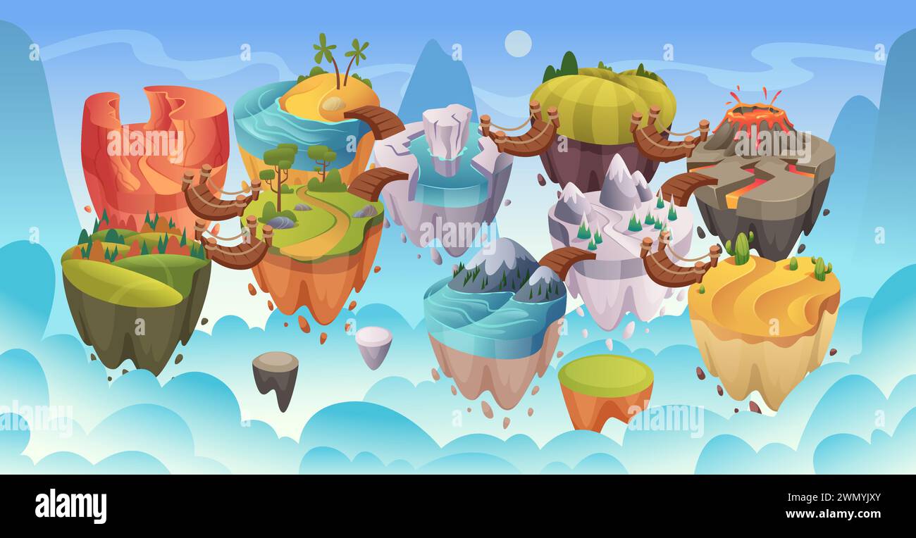 Ebenenzuordnung. Spiel ui Landschaft mit Wasserfällen Seen und Bergen exakte Vektorspiel Schnittstelle mit verschiedenen Naturbiomen Stock Vektor