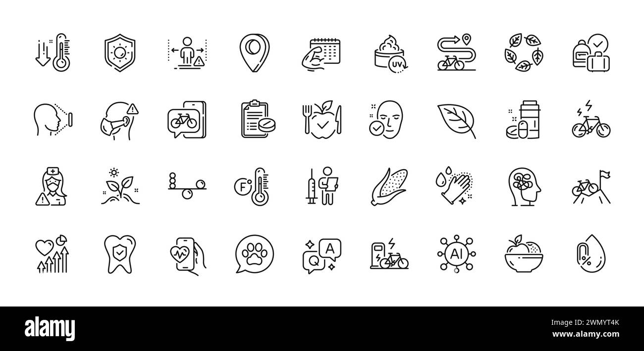 Sonnenschutz, niedriges Thermometer und UV-Schutz-Symbole. Für Web-App. Zeilensymbole. Vektor Stock Vektor