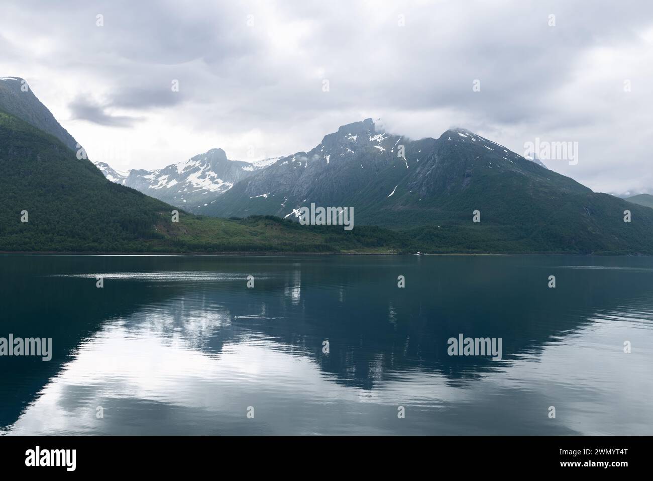 Die Stille eines norwegischen Fjordes spiegelt den bewölkten Himmel und die schattigen Berge wider und schafft ein beschauliches und stimmungsvolles Landschaftsbild Stockfoto