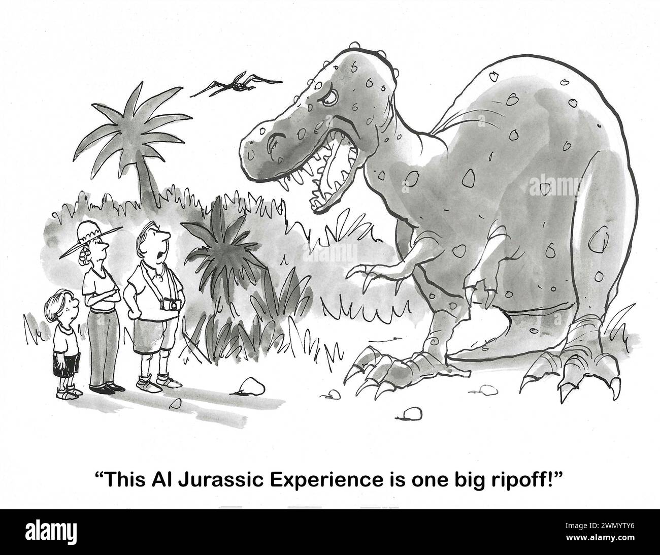 BW-Cartoon eines Mannes, der denkt, der Dinosaurier sei von KI. Oder? Stockfoto