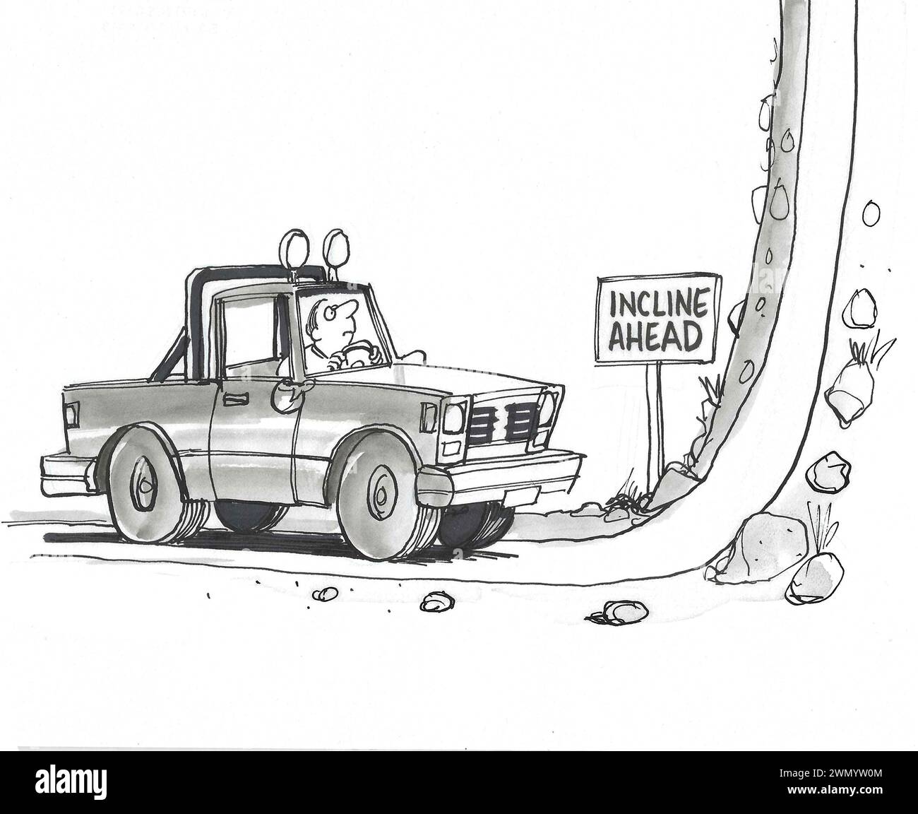 BW Cartoon einer Steigung, die viel zu steil ist, um das Auto zu besteigen. Stockfoto
