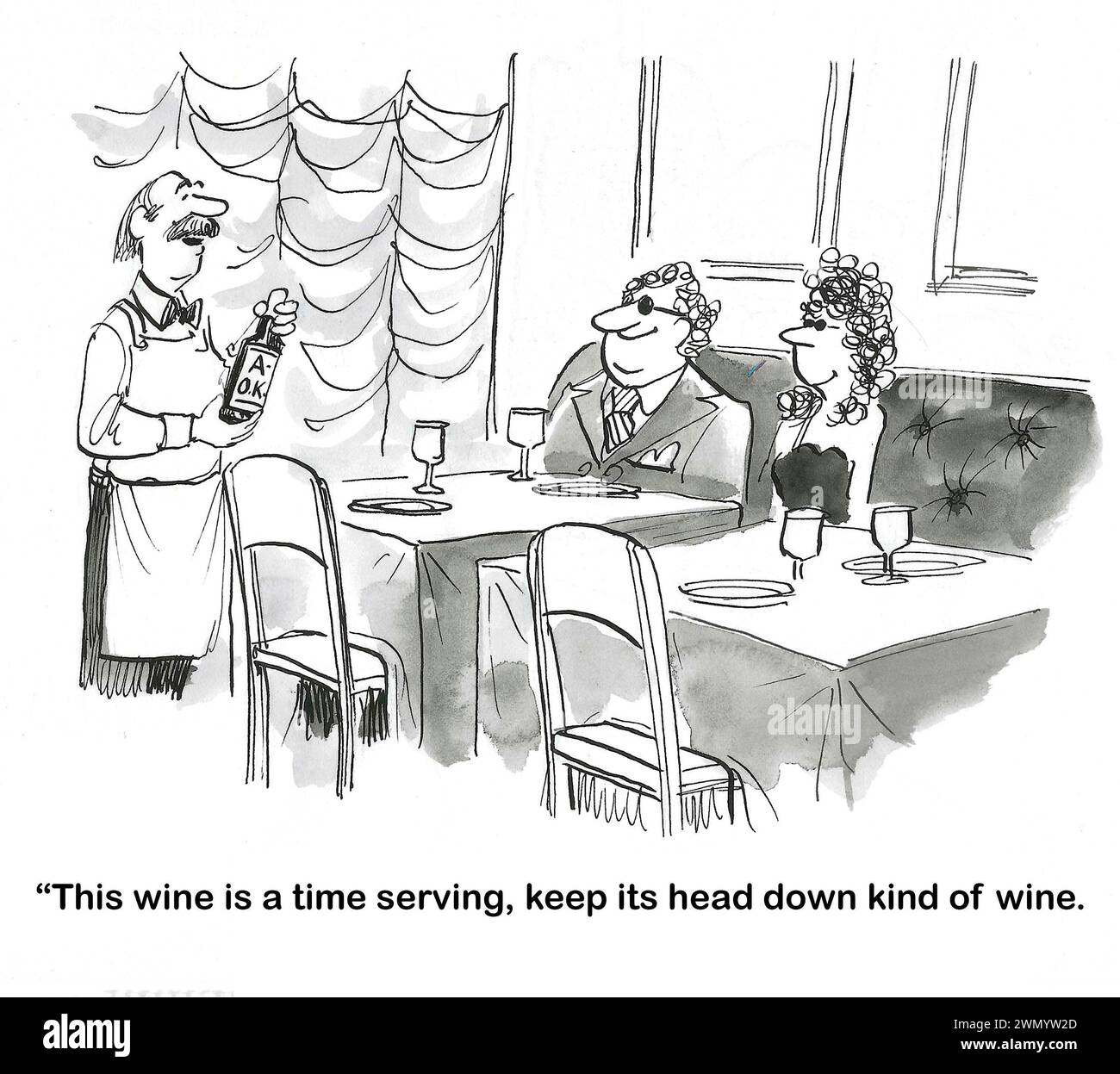 BW-Cartoon eines Sommeliers, der den Kunden einen Wein im Alltag beschreibt. Stockfoto