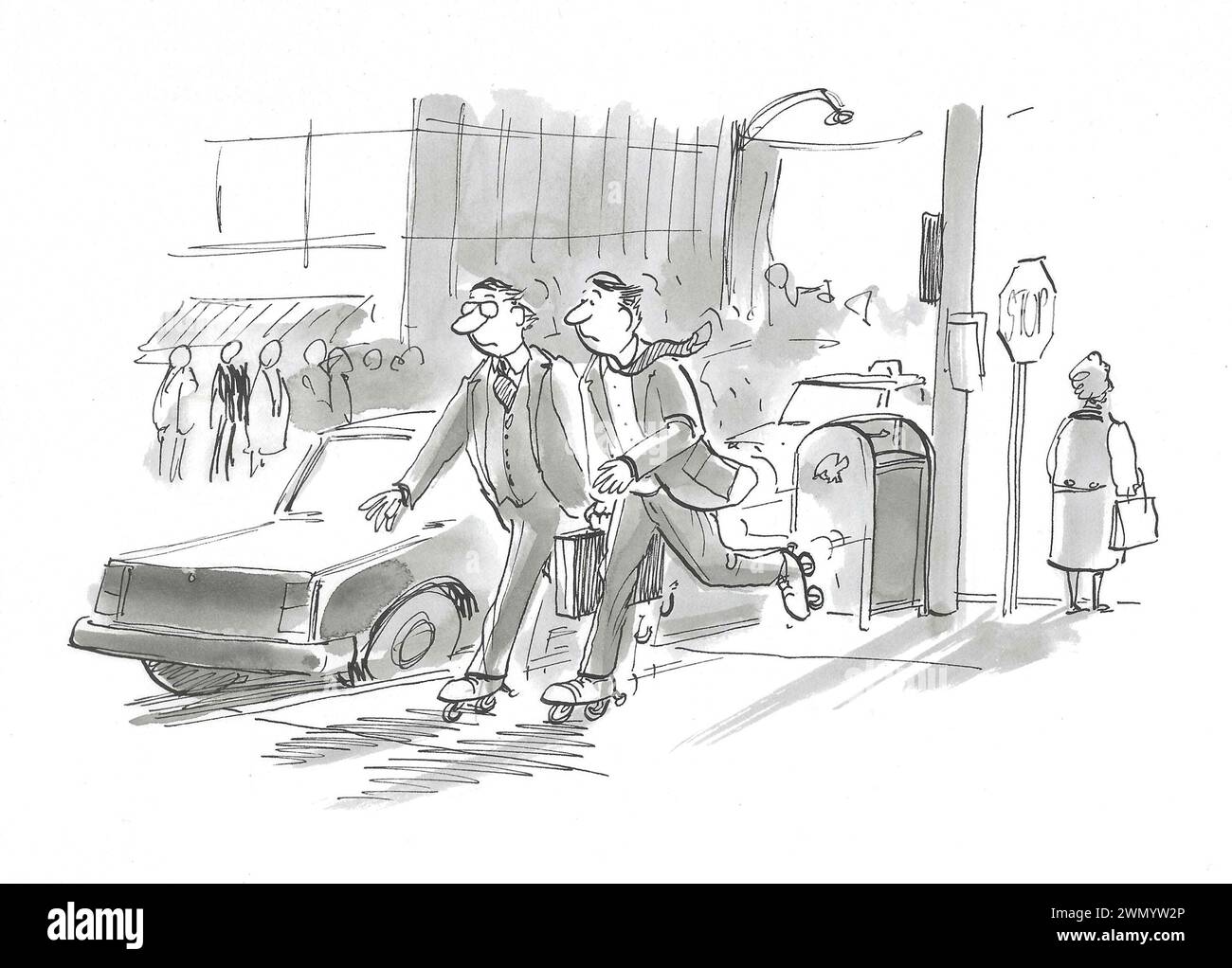 BW Cartoon Illustration von zwei männlichen Profis in der Stadt und Inlinerblading zu einem Treffen. Stockfoto