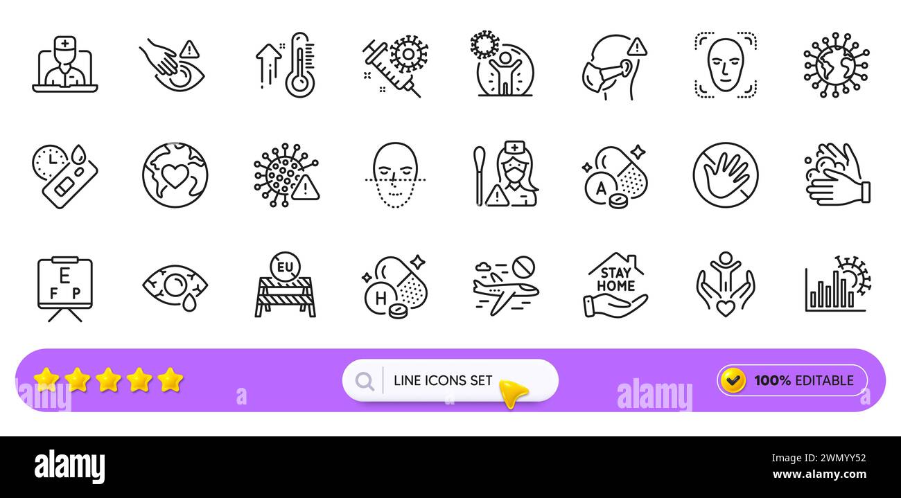 Liniensymbole für Pfleger, Freiwillige und Coronavirus für Web-App. Piktogramsymbol. Zeilensymbole. Vektor Stock Vektor