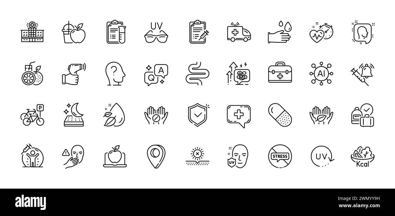 Kapselpille, Impfankündigung und Ambulanz Auto Linie Icons Pack. Für Web-App. Zeilensymbole. Vektor Stock Vektor