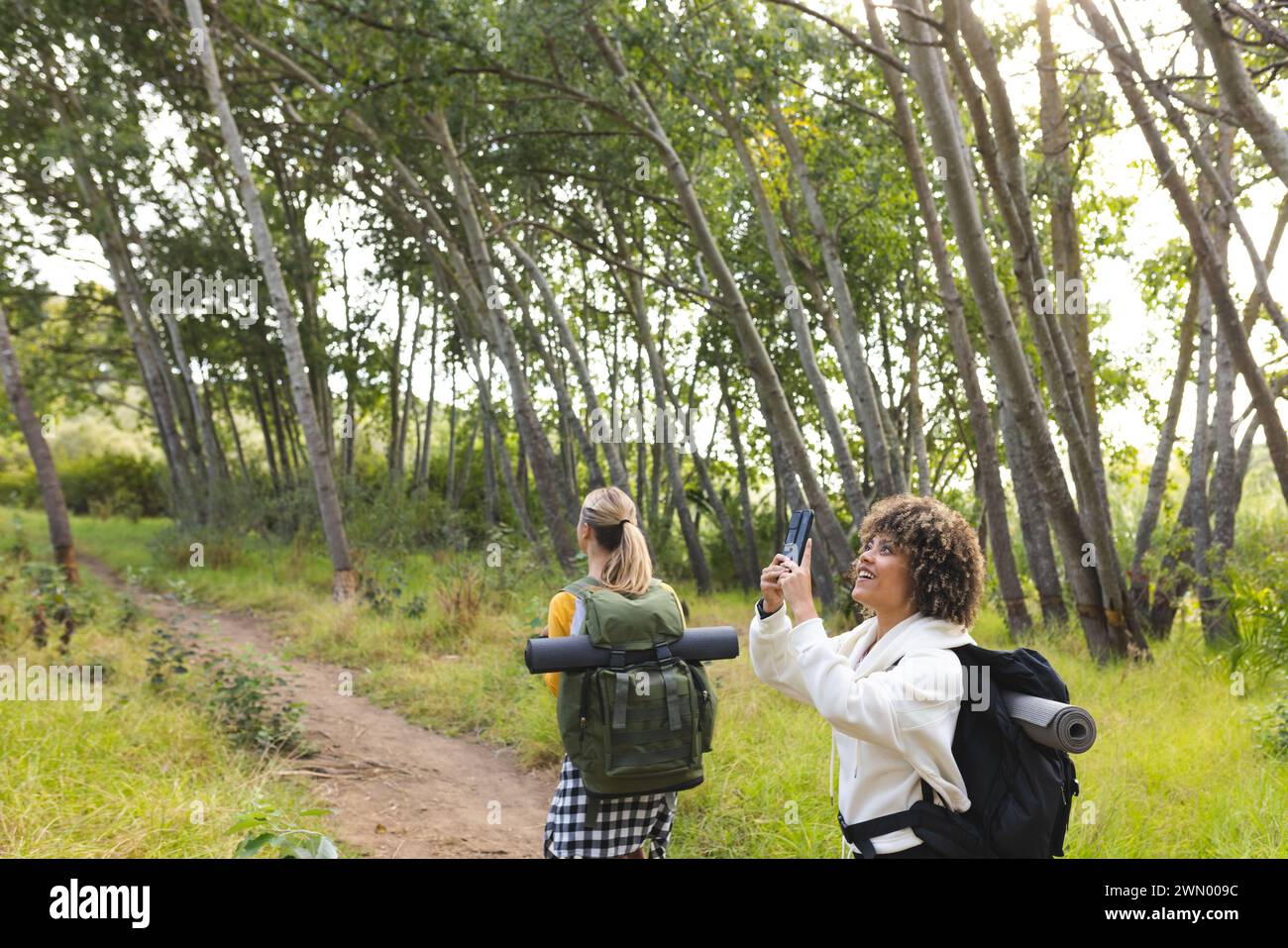 Zwei Frauen wandern im Wald, eine hält die Landschaft mit ihrer Kamera fest Stockfoto