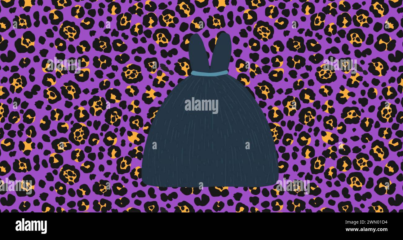 Digitales Bild von mehreren weiblichen Kleidsymbolen gegen Leopardendruck-Design auf lila Hintergrund Stockfoto